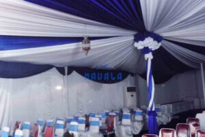 Tenda Dekorasi VIP Tirai Putih Biru Tua Tenda Full Tirai